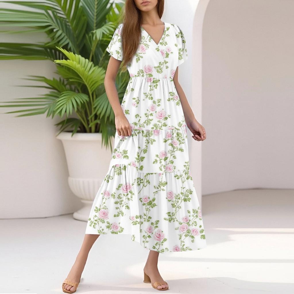 Damen Sommer Casual Mode V-Ausschnitt Rüschenärmel Blumendruck Midi-Kleid