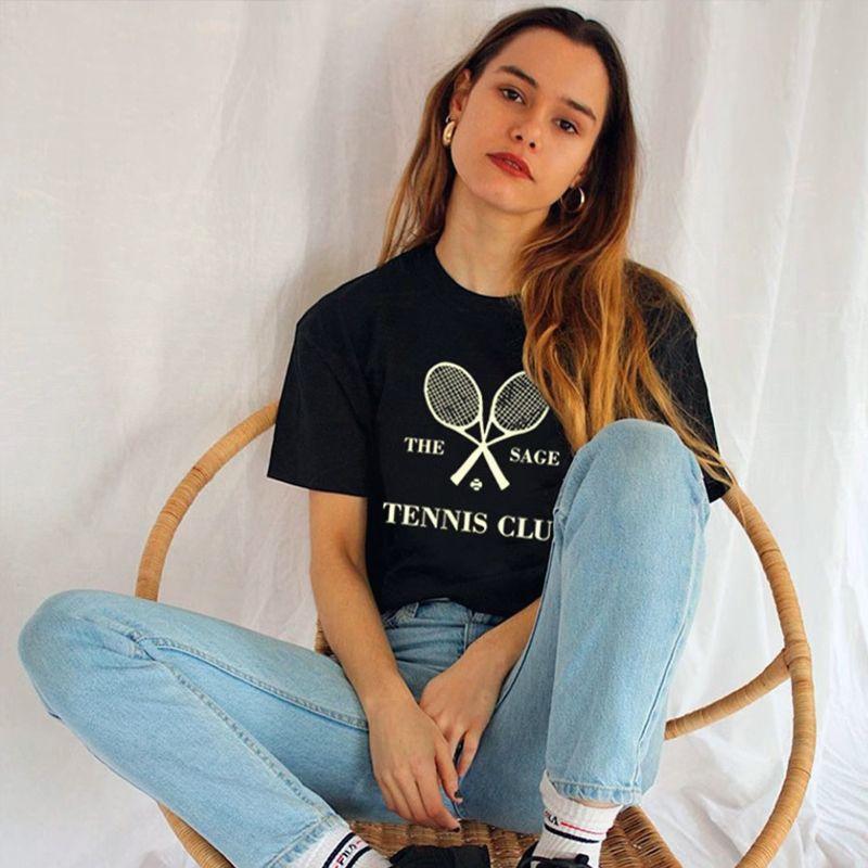 Black Short-Sleeved T-shirt Women 2025 New Arrival Summer Pure Cotton American Retro Sports Tennis Half Sleeve Tennis Club