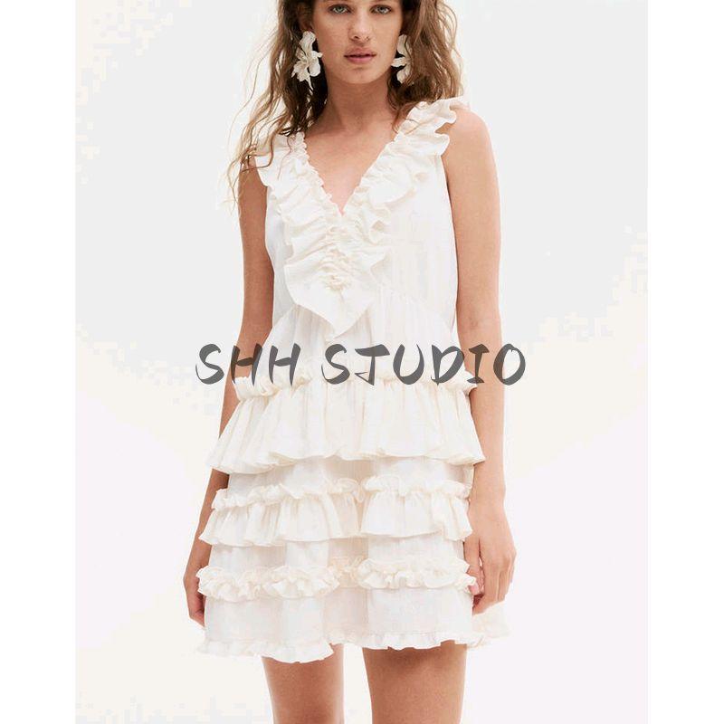 Summer New Arrival Women's Cotton French Frill Sleeveless Cake Dress Wave Chic Style Short Dress 1280381