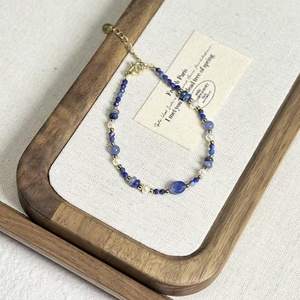 Ethnic Lapis Lazuli & Freshwater Pearl Bracelet with Dunhuang Yolk Stone, Agate, and Red Beads in Titanium Steel.