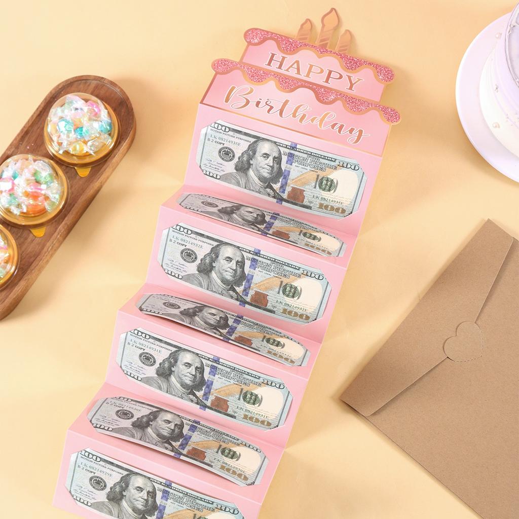 1pc Birthday Cash Gift Envelope Pink Cake Design Folded Money Holder Card for Girls Birthday Party Cash Packaging Supplies