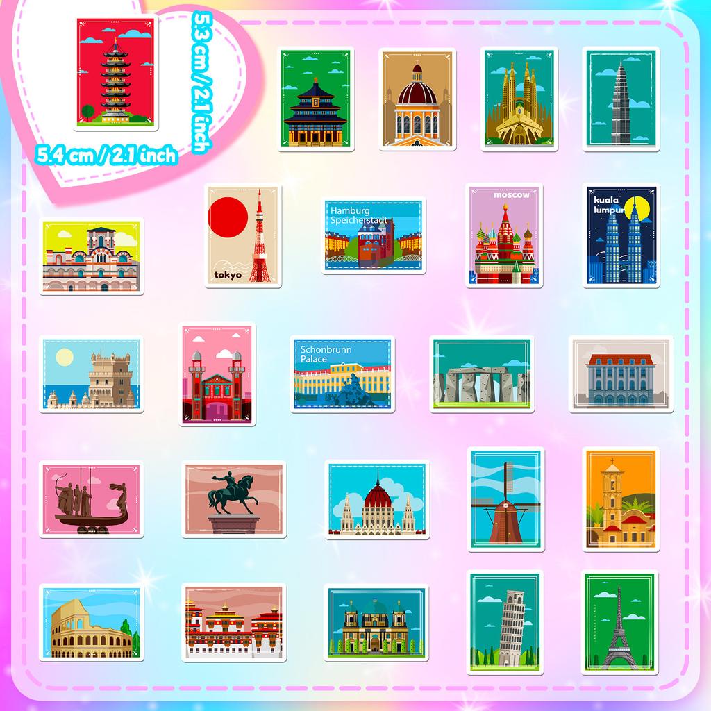 50 Posters Landmark Stickers Travel Diary Oil Painting Style World Landmark Architecture Travel City Posters