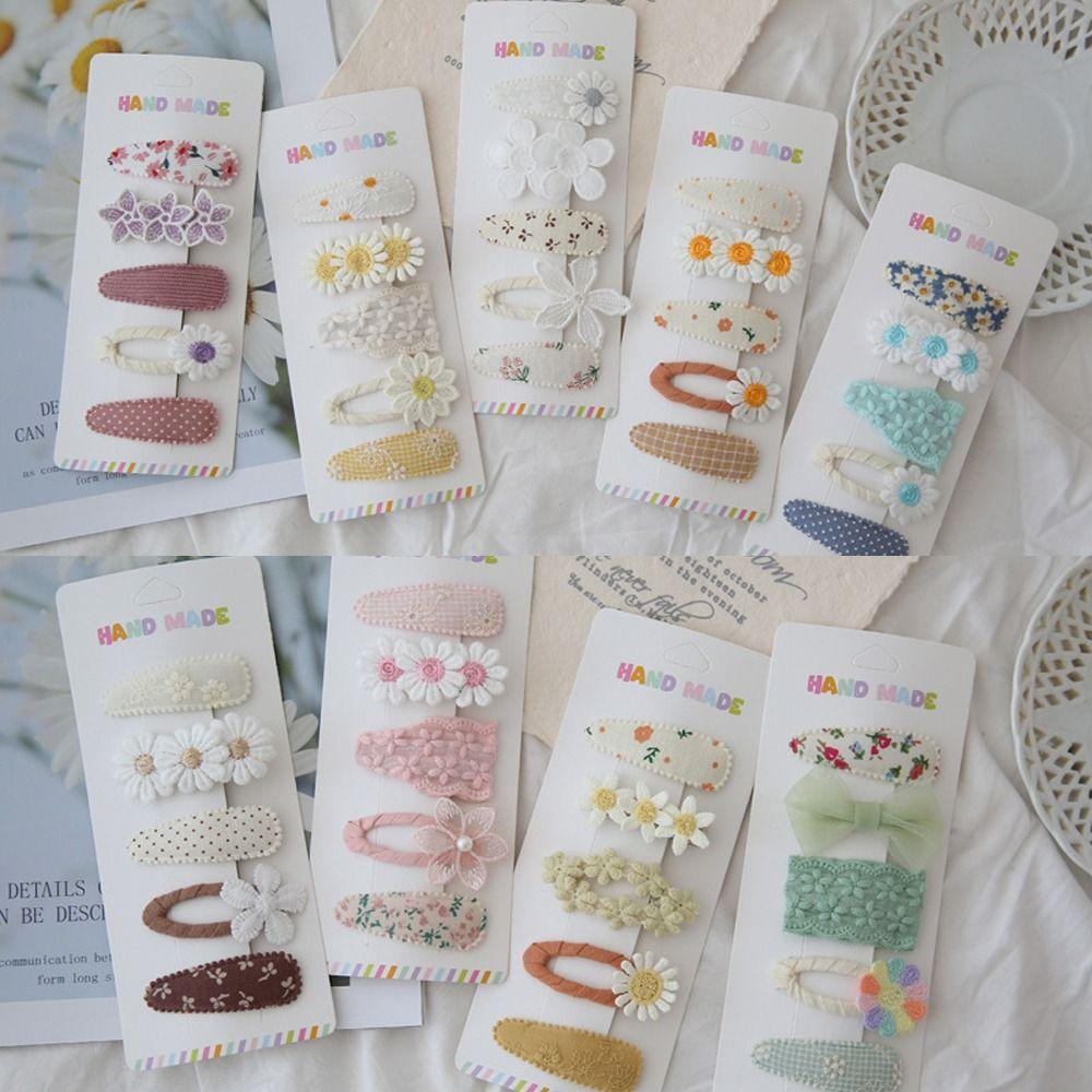 5PCS Cute Girls BB Clips Cotton Sweet Flower Hairpins Embroidered Bangs Hairclips  Hair Accessories