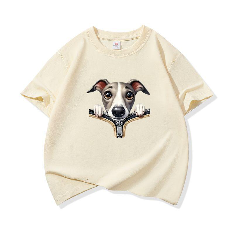 Kids Cotton T Shirt Adorable Whippet Dog Zipper Print Crew Neck Short Sleeve Tee Casual Breathable Boys Girls Summer Tops