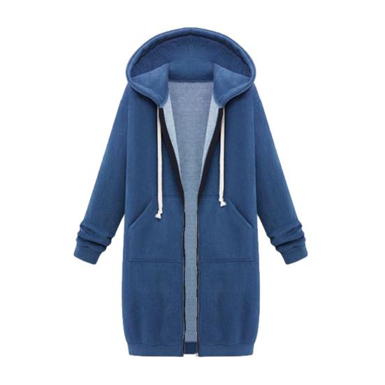Women Sweatshirt Coat Hooded Adjustable Drawstring Long Sleeve Coat with Pockets Solid Color Mid-length