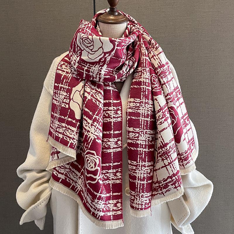 Toamnă și iarnă Nouă eșarfă din imitație de cașmir, cu două fețe, îngroșată, pentru menținerea caldă a ținutei exterioare.