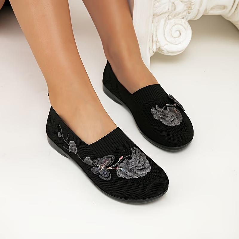 Women' Slip- Loafers with Floral Embroidery - Breathable Knit Soft Sole Non-Slip Sole Suitable for Mom Sneakers, Outdoor Footwear, Women Shoes