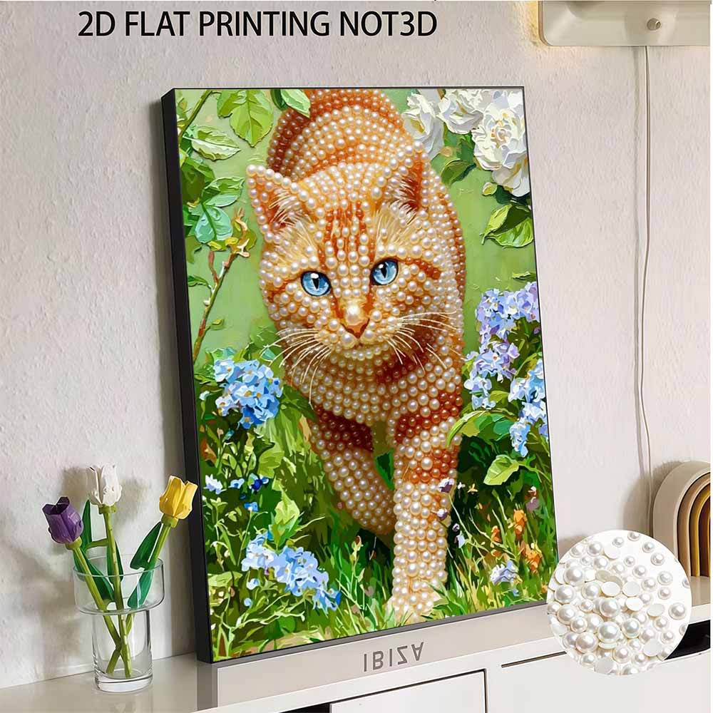 3D Pearl Painting Kit Ginger Cat Design Frameless DIY Bead Art Canvas Leisure Handmade Craft for Bedroom Wall Decor
