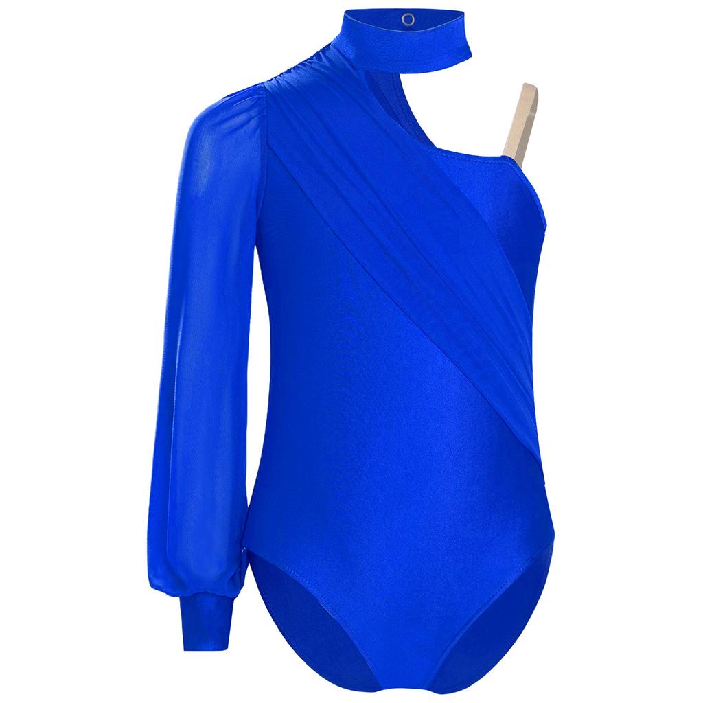 Jenter Ene Skulder Danse Drakotard Sceneopptredelseskostyme Mock Neck Langermet Rynket Nettoverlegg Bodysuit for Barn Gymnastikk