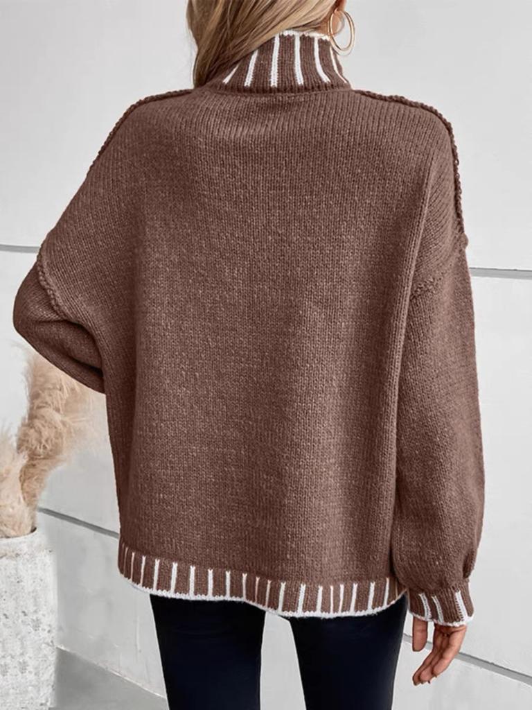 YYFS Maglioni Casual da Donna alla Moda Autunno Inverno Stampa a Righe Manica Lunga Collo Alto