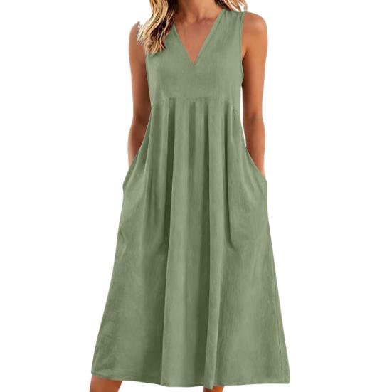 Rochie casual de vară din in pentru femei, fără mâneci, cu decolteu în V, rochie de soare lejeră, croială A, tip maiou, midi, cu buzunar