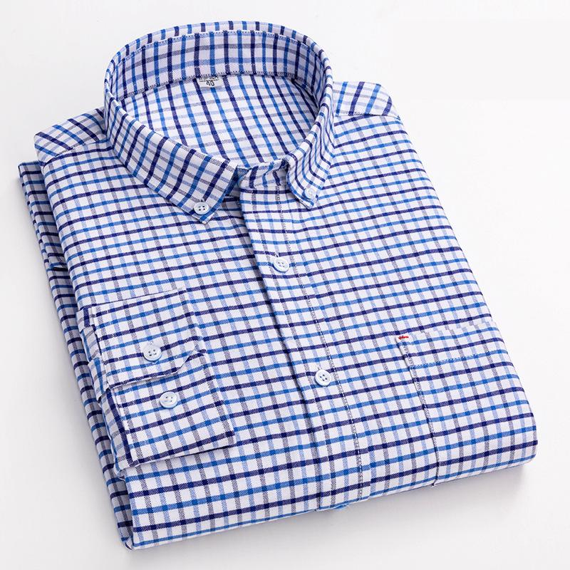 New Pure Cotton Business Men Oxford Shirt Long Sleeve Casual Plaid Striped with Chest Pocket Non-iron Autumn Spring