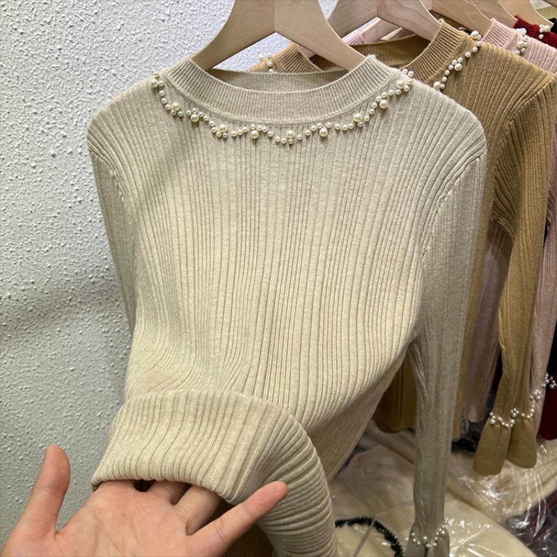 Podzimní Nový Svetr Pletený s Korálky Dlouhý Rukáv Dámský Zimní Slim Fit Základní Pulovr Svetry pro Ženy Módní Elegantní Jednobarevné Teplé Svetry Topy 24868