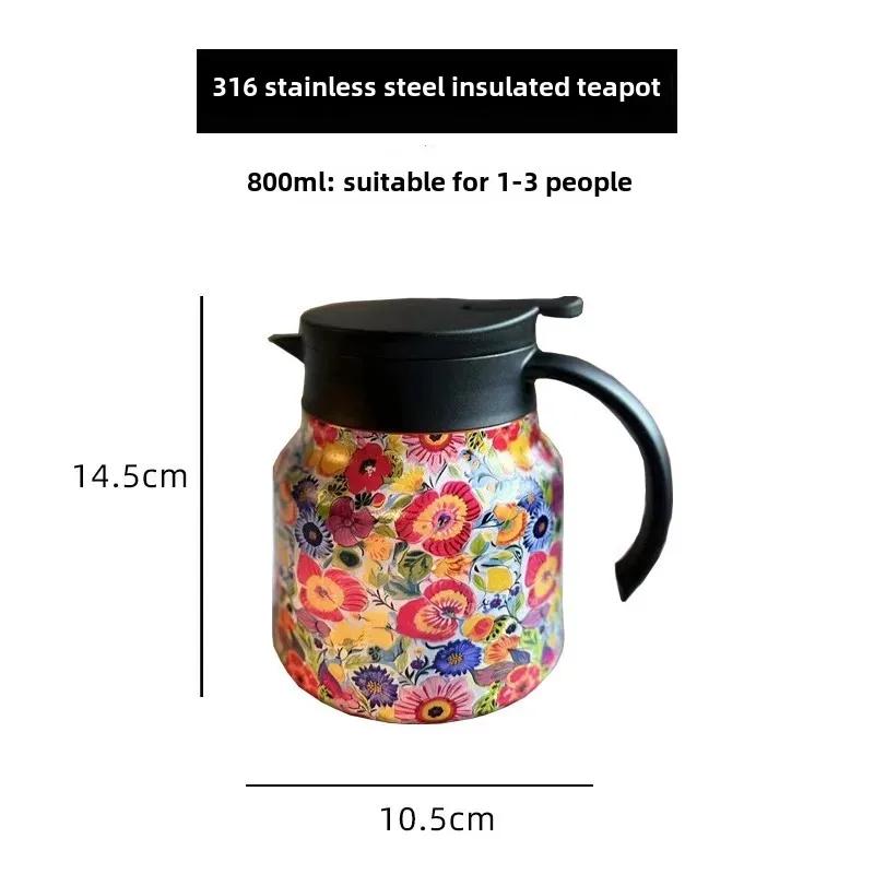 316 Stainless Steel Thermal Carafe 800ml Coffee Pot with Floral Painting with Tea Infuser Keep Warm Function Tea Pot Coffee Cup
