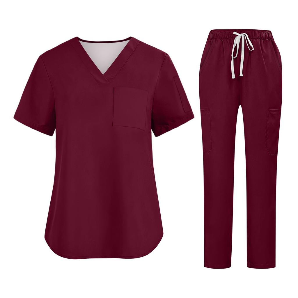 Soild Scrub Working Uniform Suit For Women's Cross V-Neck Short Sleeve Fun T-Shirts Workwear Tee With Pockets