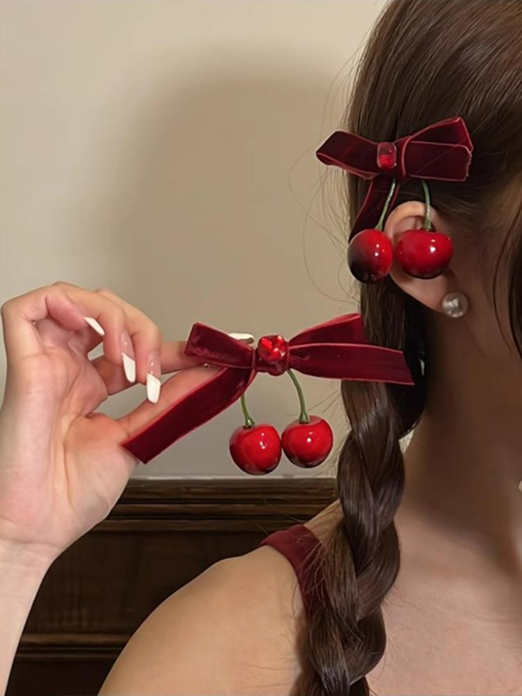 Designer Red Cherry Cloth Bow Hair Clip Sweet Women Fashion Double Layer Barrettes Lolita Headdress Female Korean Cute Velvet Ribbon Hairpin Girl
