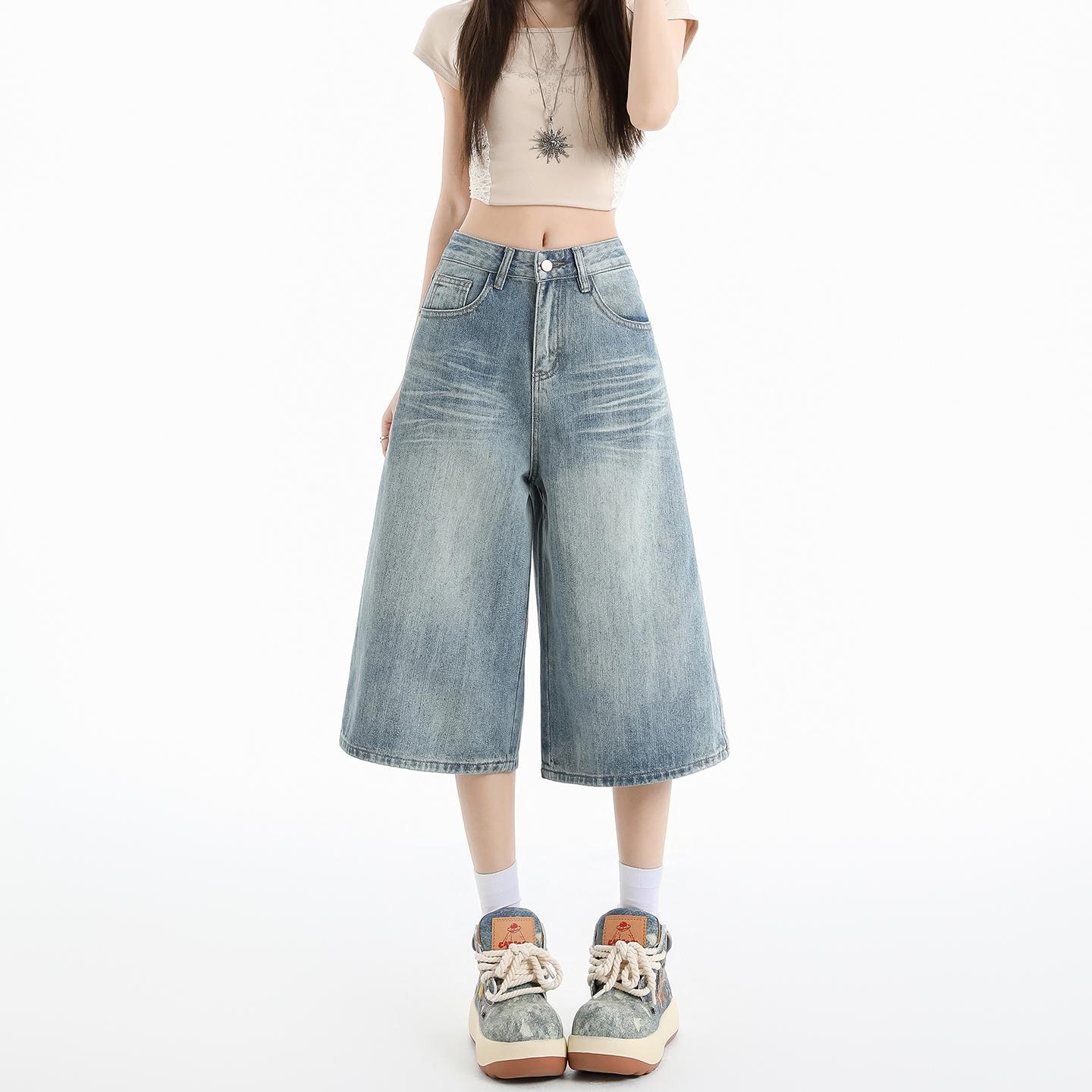 Loose Seven Quarter Jeans For Women In Summer, Loose Wide Leg Straight Leg Mid Length Pants For Women 2XL