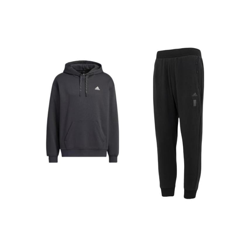 

Adidas Solid Color Brand Logo Kangaroo Pocket Long Sleeve Top Outdoor Mid Waist Elastic Pants Casual Sports Suit Men suit Black IA8187+IB2731 S