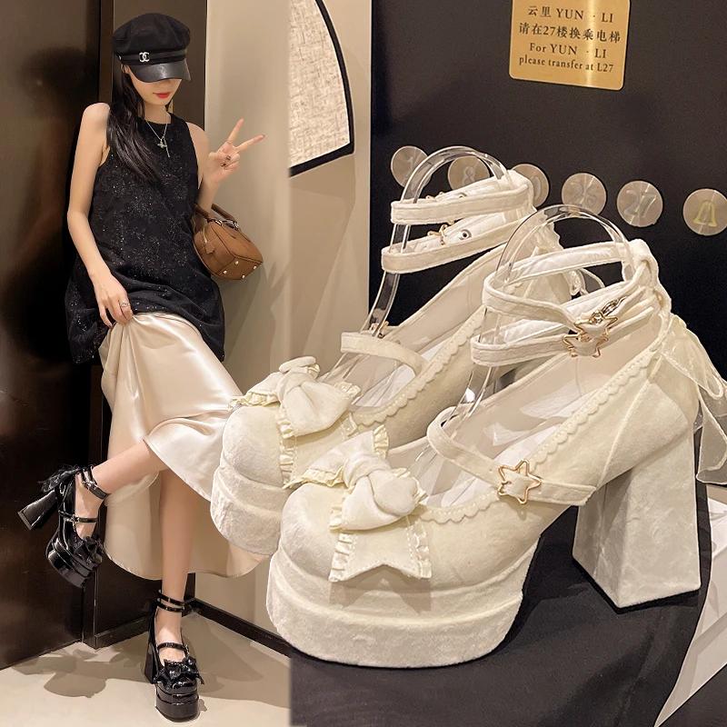 Fashion Lolita Mary's Little Shoes New Style Sweet Student High Heels Spicy Girl Single Shoes Large Size Chiffon Elegant Butterfly-knot