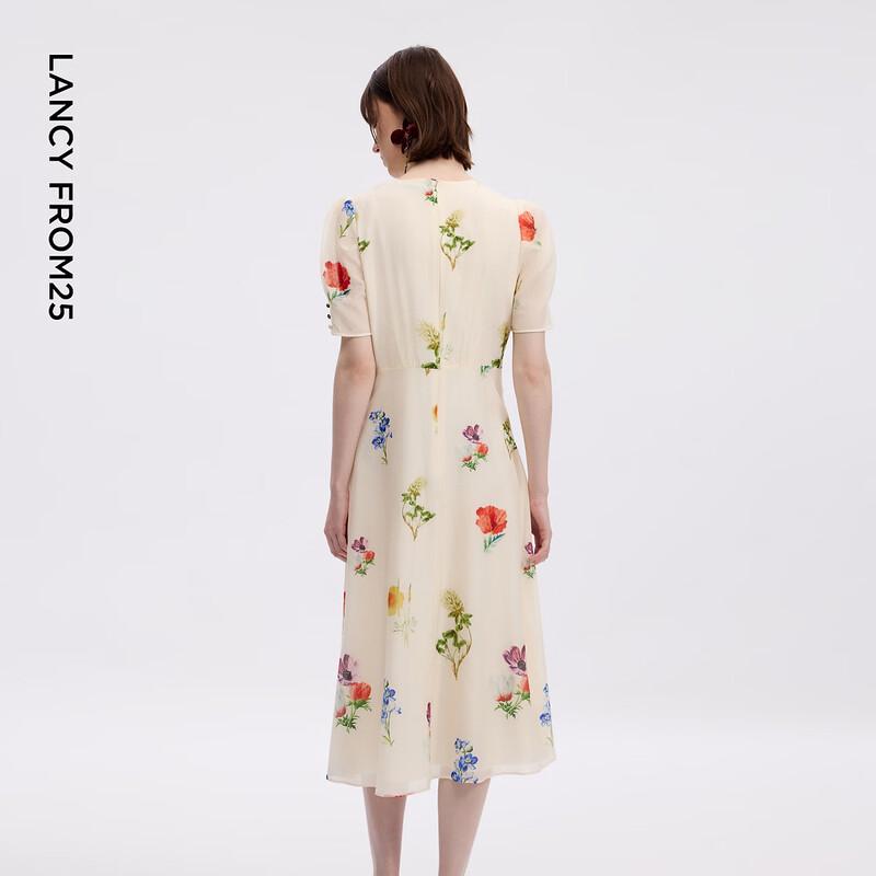 LANCY French Style Floral V-Neck Bubble Sleeve Midi Dress