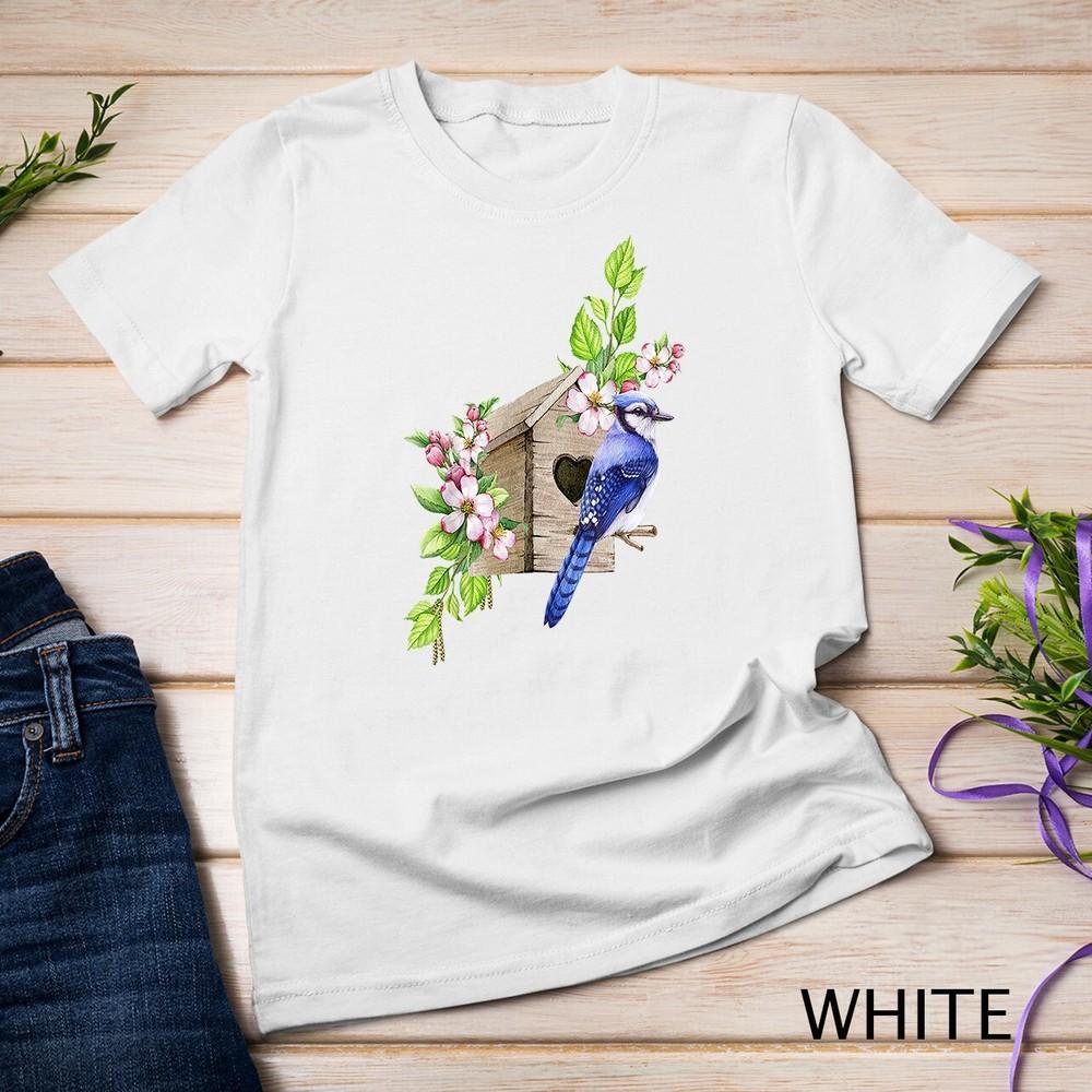 

Blue Jay Bird - Birdhouse and Pink Blossoms - Bird Watching Unisex T-shirt 2XL