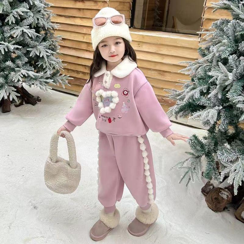 2024 Korean-Style Fleece-Lined Sweatshirt Set for Girls - Winter Fashion