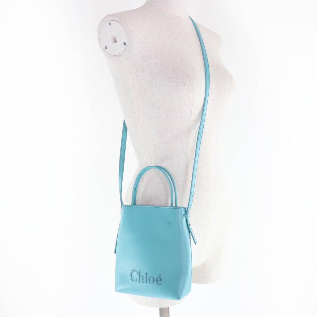 Excellent Chloe Shoulder Bag Sense Micro Tote Bag Logo Embroidery Leather Blue Used