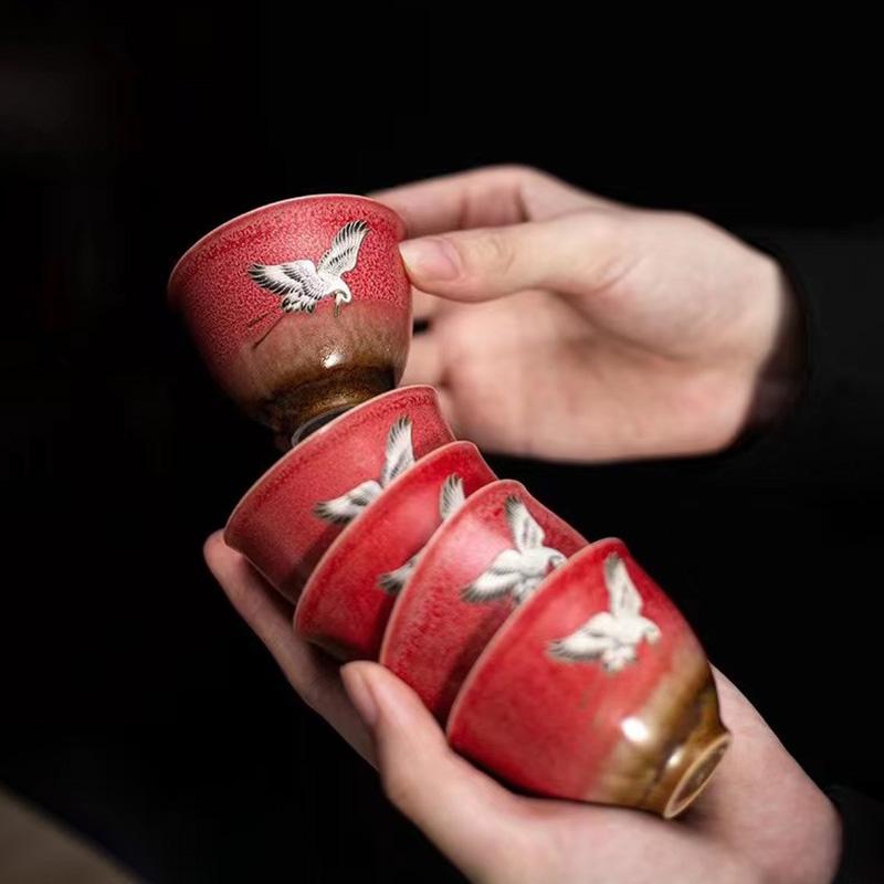 1 Pc Chinese Red Ceramic Tea Cup Coaster Handmade Flying Crane Teacup Mat Household Tea Bowl Master Cup Tea Set Accessories