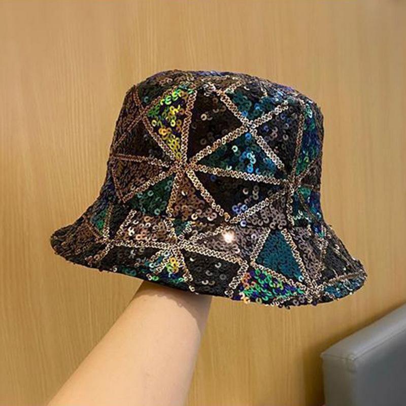 Women Bucket Hat Fishing Cap Sequin Hip-hop Festival Glitter Bling Wide Brim
