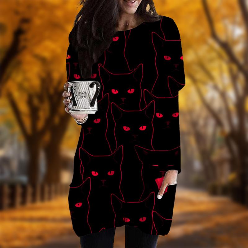 

Новинка осени Холодное сердце Кошка Принт Плюс Размер Платье Женщин О-образным Вырезом Длинные Рукава Повседневные Карманные Платья 3XL красный