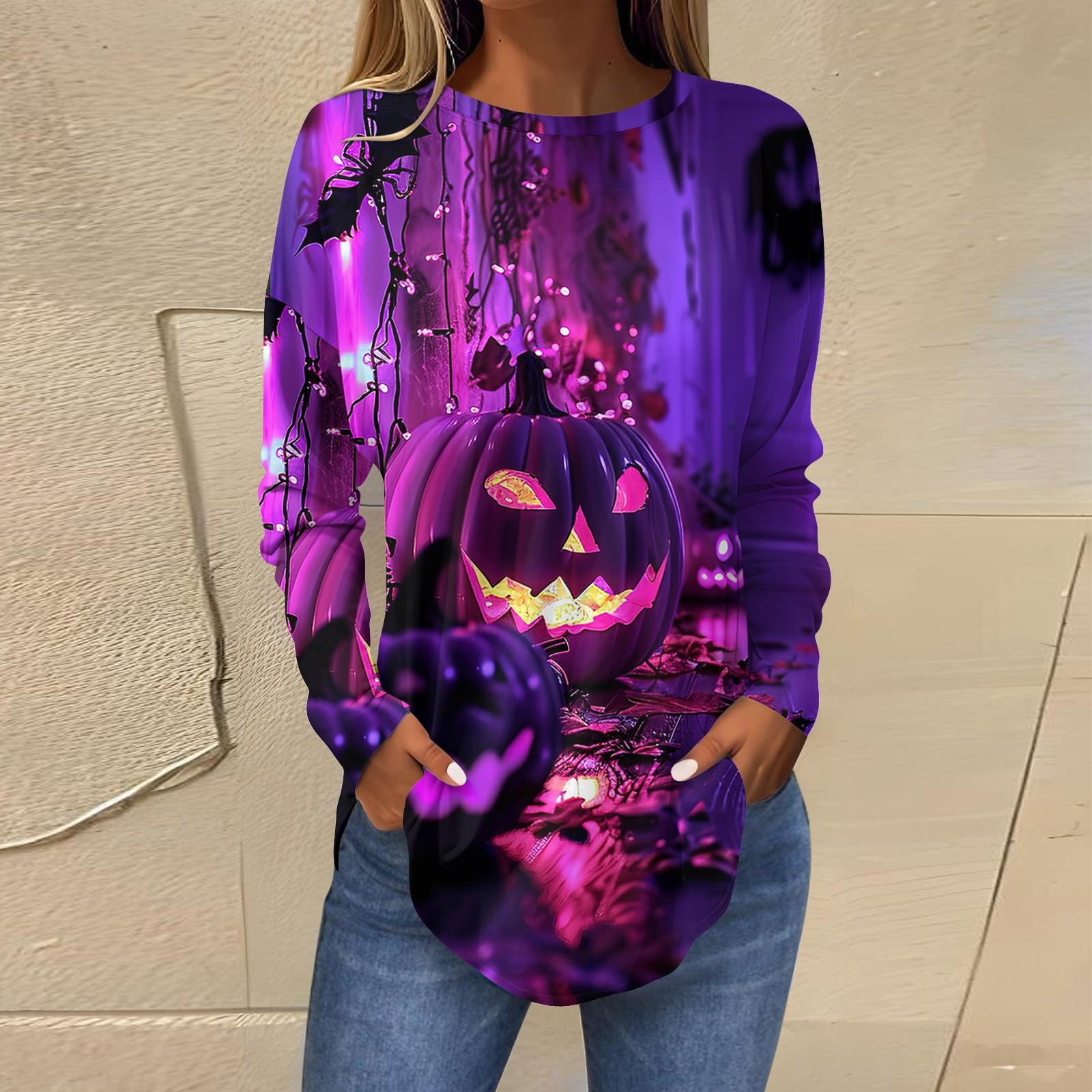 

Женская свободная футболка с длинным рукавом с круглым вырезом и принтом, верхний пуловер M фиолетовый