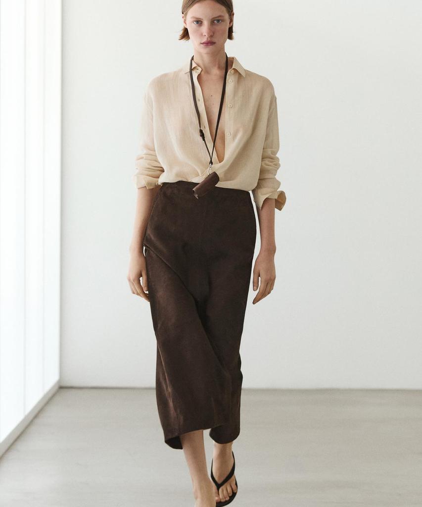 Masimodutti Straight Nubuck Leather Midi Skirt