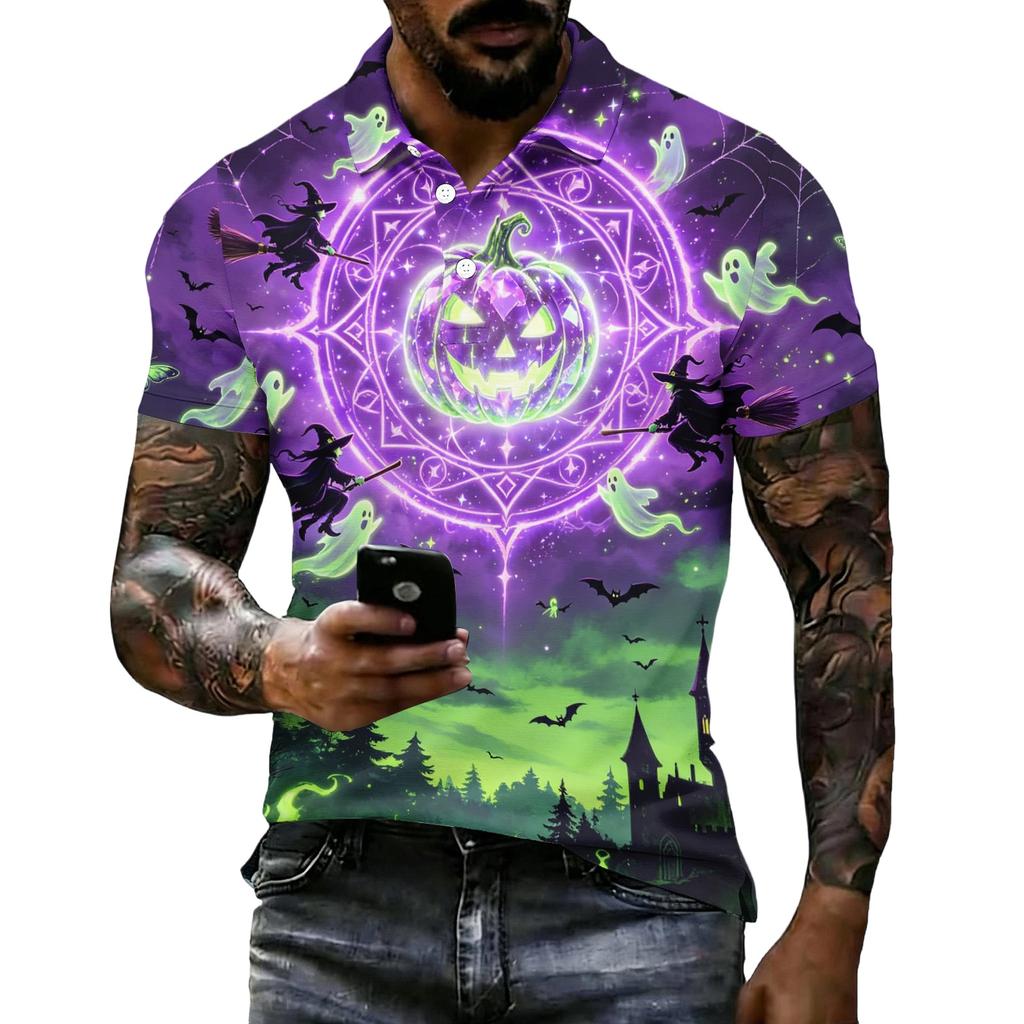 Men's Halloween Print Vintage Texture Short Sleeve Polo Shirt Loose Breathable Summer Sports Street Casual Everyday Top