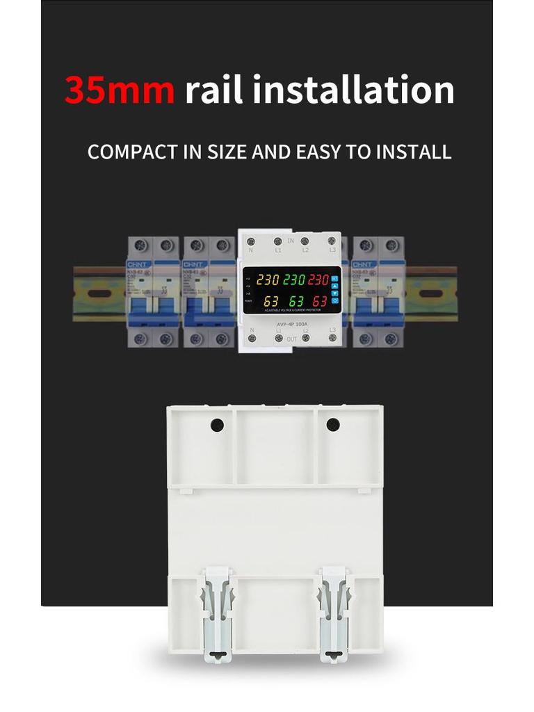 Three-Phase Digital Voltage Protector with 6-Display ATS, Overcurrent Protection, 63A/100A Capacity, 230V.
