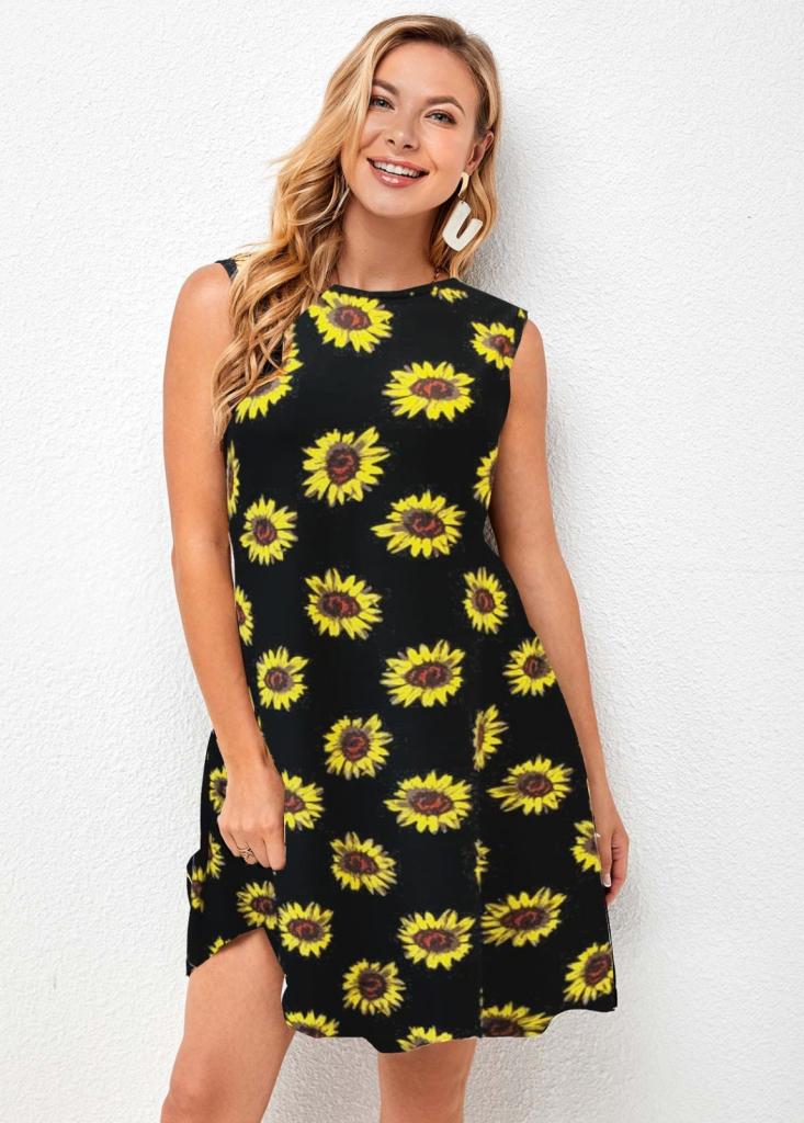 

Women's Sleeveless Sunflower Pattern Crepe Dress