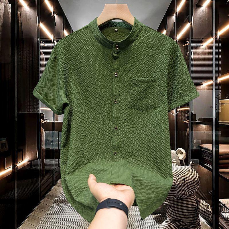 Summer Men's Shirt Short Sleeved Bubble Gauze Stand Up Collar