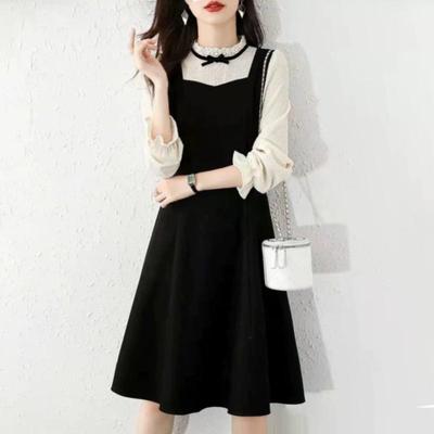 Elegantes A-Linien-Kleid für Damen, lässig, Vintage, schmales Langarmkleid, schwarz, Frühling, Herbst, Damenkleidung, Übergröße