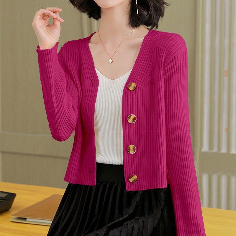 Spring Autumn Women's Short Cardigan Casual Solid Color Slim-fit Knitted Cardigan V-neck Long-sleeve Knitted Top