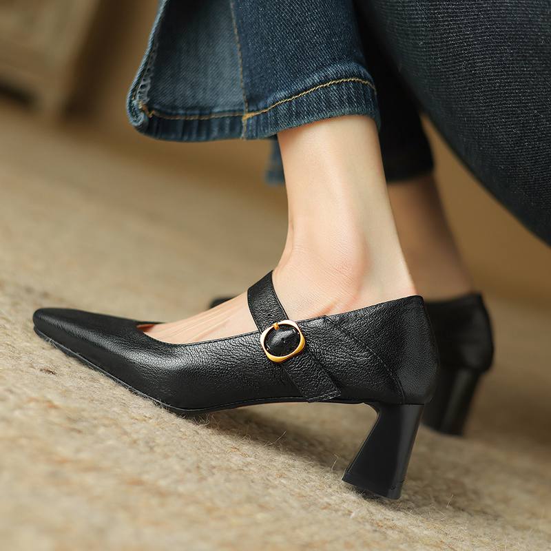 Krazing Pot Sheep Skin Square Toe Chunky High Heels Spring Summer Mary Janes Shoes Vintage Plus Size 42 Women Pumps