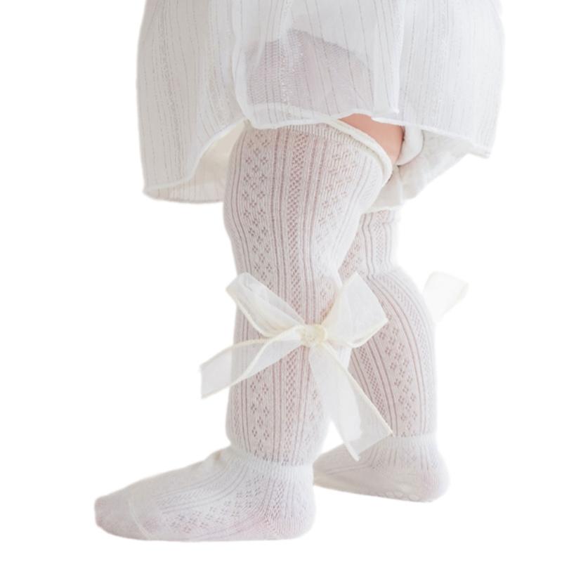 Kids Lace Pattern Over Knee Stockings Soft Combed Cotton Summer Thin Style Beige Color For Daily Wear