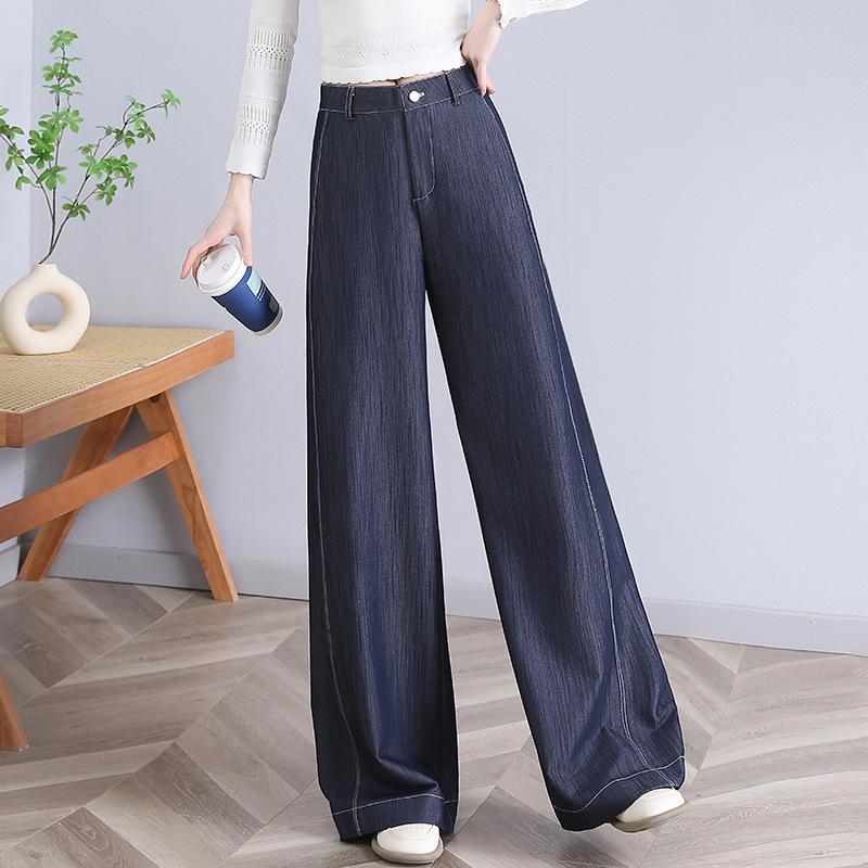 

Простые длинные брюки из мягкого денима длиной до пола, свободные и утягивающие брюки с высокой талией, прямые брюки на весну и лето 4XL темно-синий
