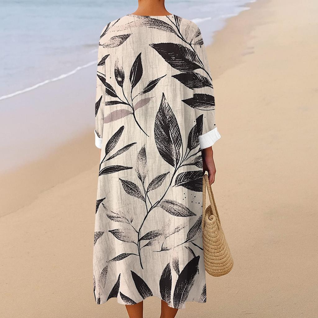 Kadın Günlük Moda V Yaka Uzun Kollu Çiçek Desenli Maksi Elbise