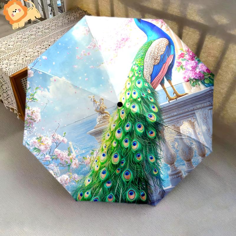 1 PC Automatic Folding Umbrella - Peacock Garden Pattern, Portable & Foldable Design with 8 Ribs, Christmas Birthday Gifts