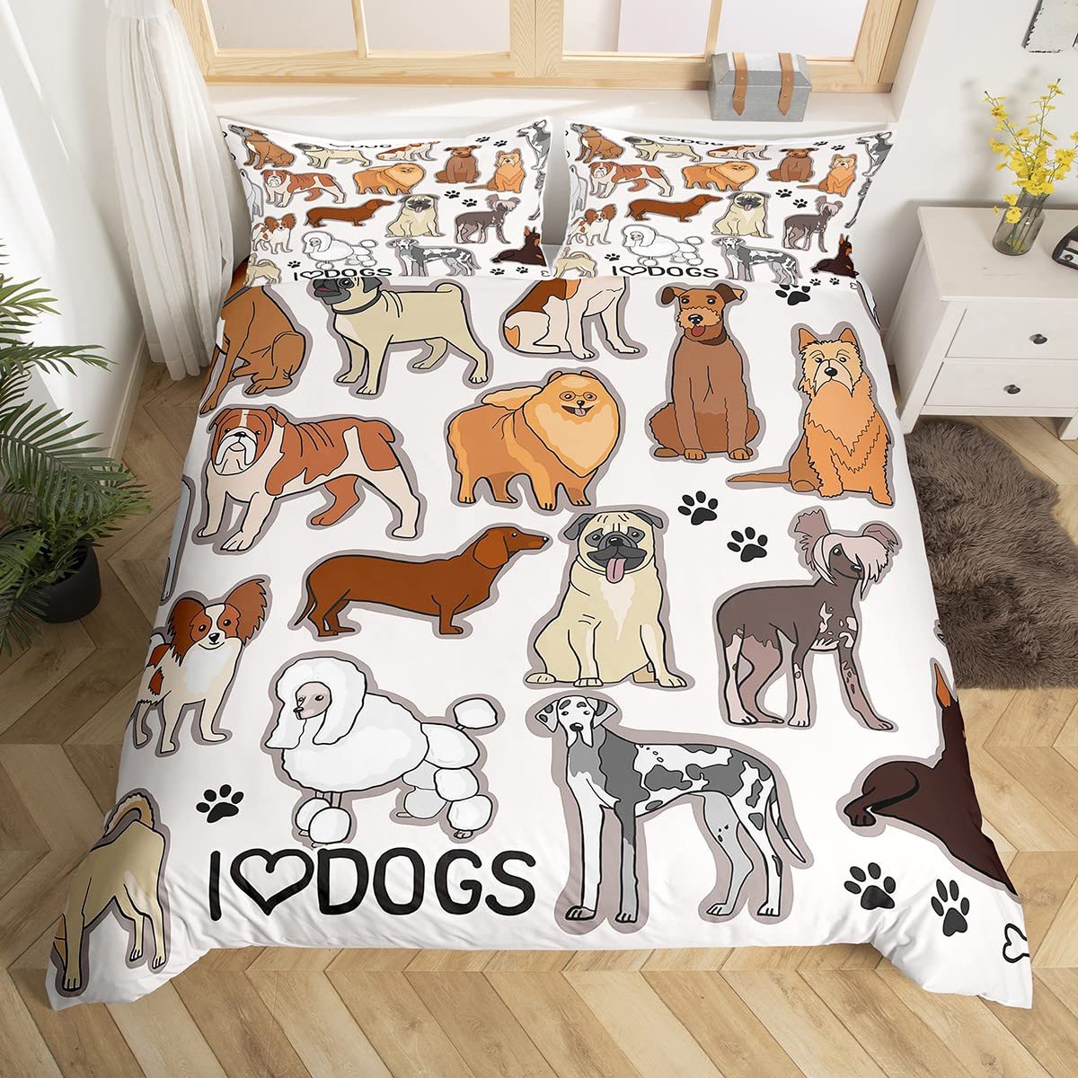 

Комплект постельного белья с изображением мультяшного сиба-ину King Queen, желтый пододеяльник с изображением щенка и цветущей вишни, покрывало из полиэстера EU single(135x200cm)