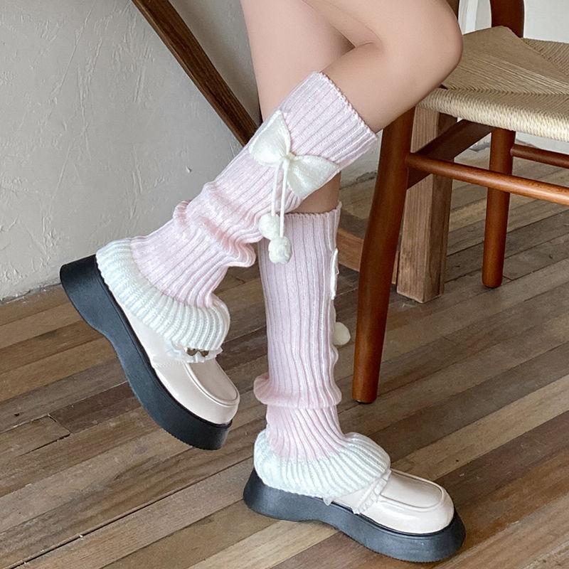 Pompon Gestrickte Stulpen Herbst Winter Verdickt Warm Neujahr Schleife Stulpen Colorblocking Weihnachts-Stil Japanische JK Slouchy Socken