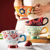 Ceramic Coffee Cup Bohemian Flower Hand Painted INS Breakfast Cup High Capacity 420ML Tea Mug Water Ware Kitchen Dining Bar