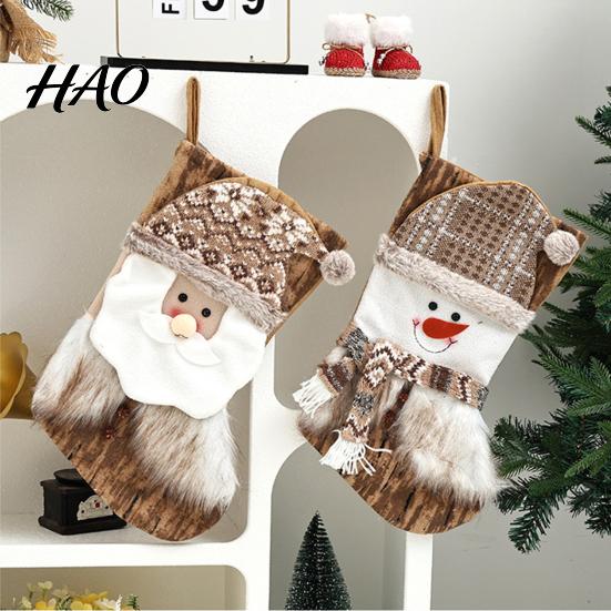 Christmas Scene Setup Decor Large Stockings, Santa Snowman Elk Design Plush Hanging Bag, Xmas Tree Pouches Rustic Plaid Socks for Fireplace