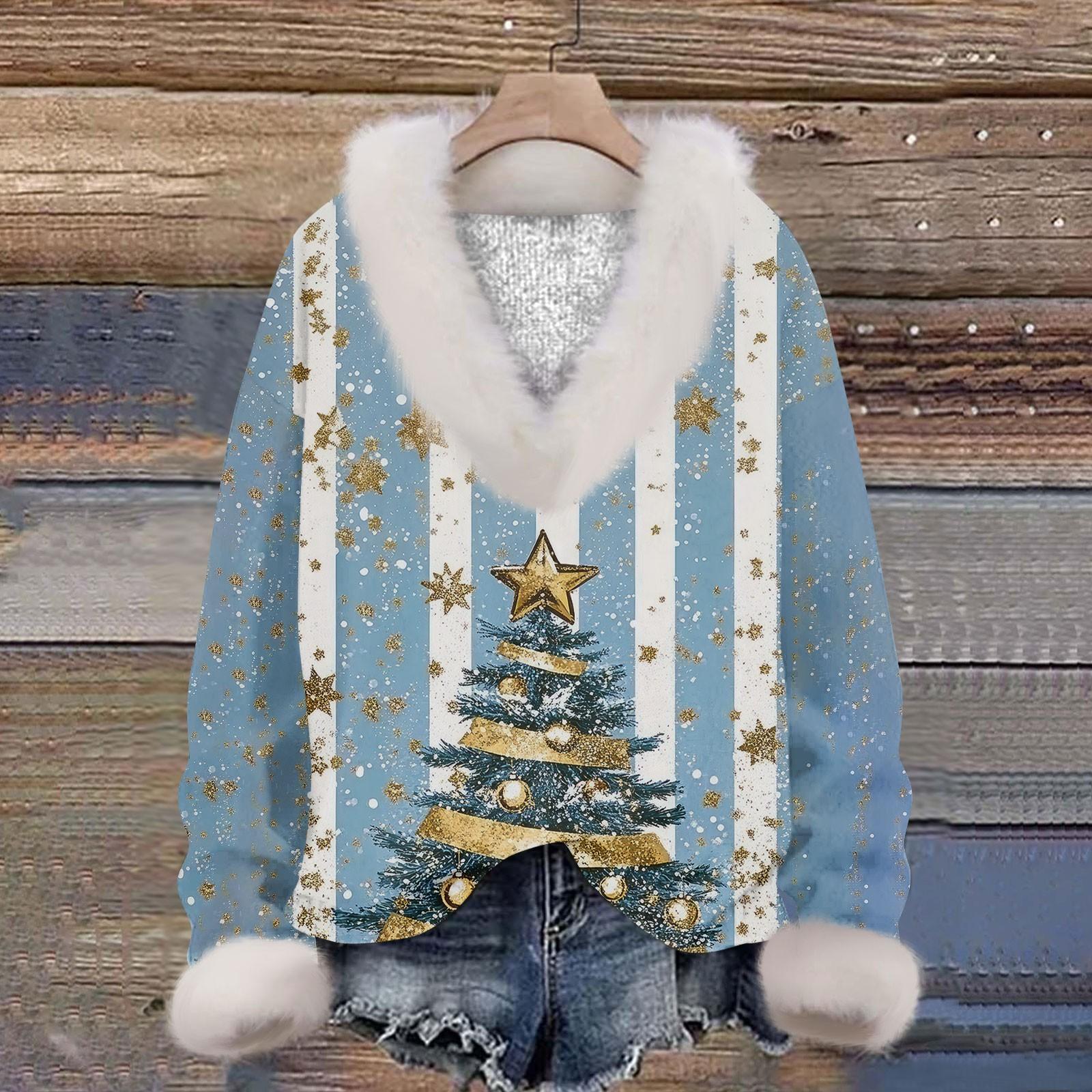 

Женская мода повседневный рождественский принт с длинным рукавом и V-образным вырезом пуловер для волос S