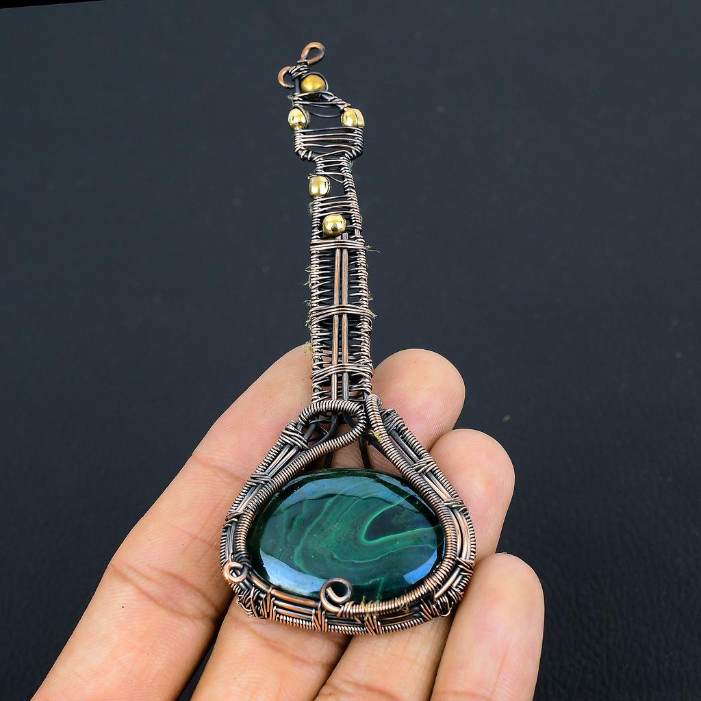 Guitar Malachite Handmade Copper Wire Wrap Jewelry Pendant 4.33 M0u90
