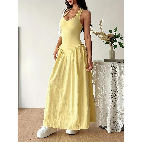 Women Yellow Halter Neck Maxi Dress Sleeveless V-Neck Backless A-Line Long Dress Casual Summer Elegant Beach Party Dresses